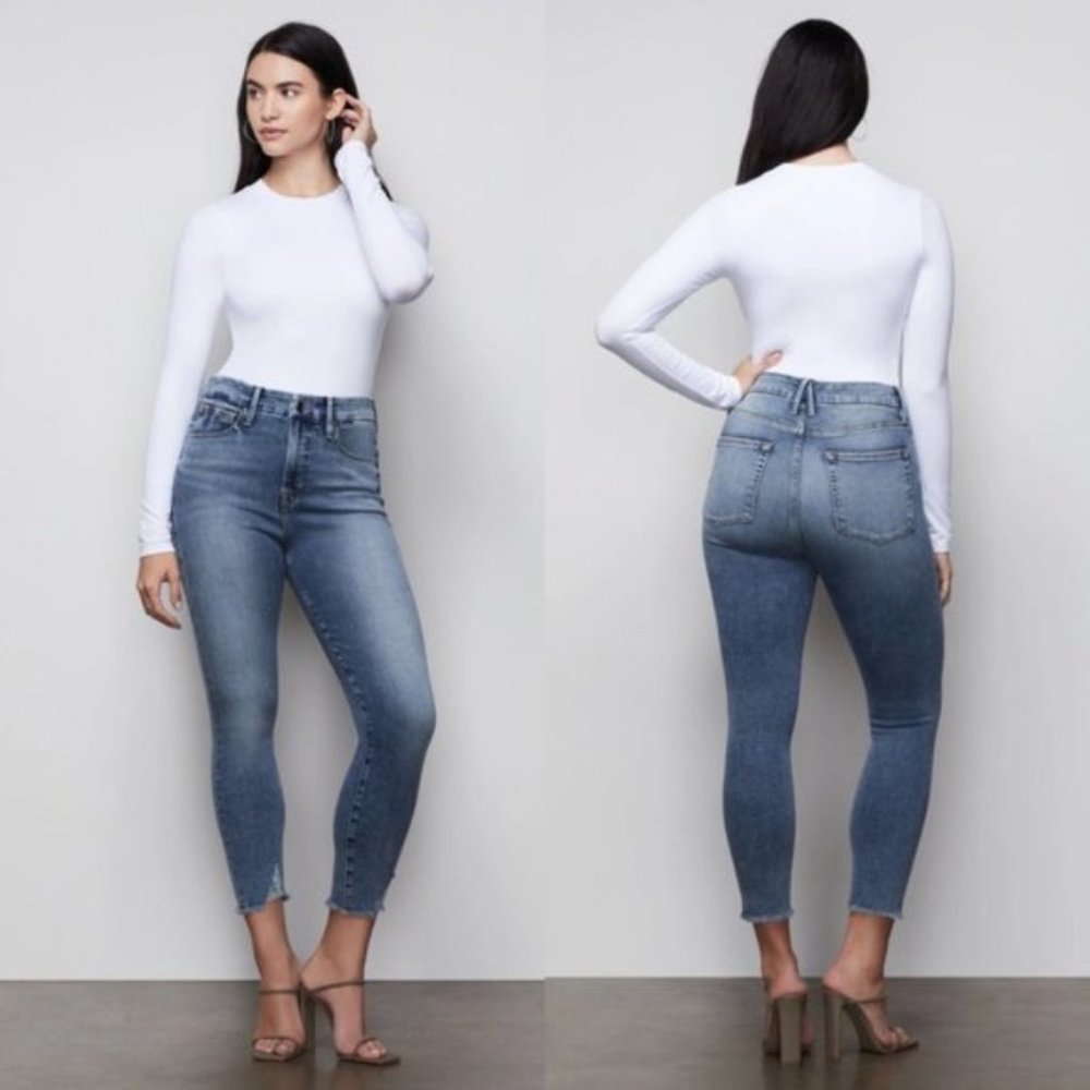 Good American Good Waist Crop Blue 395 Fray Jeans